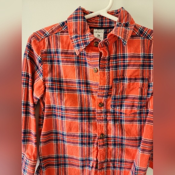 Kid's 3T Carters Orange Blue Plaid Button Up Shirt Long Sleeve Toddler Autumn - Picture 5 of 6
